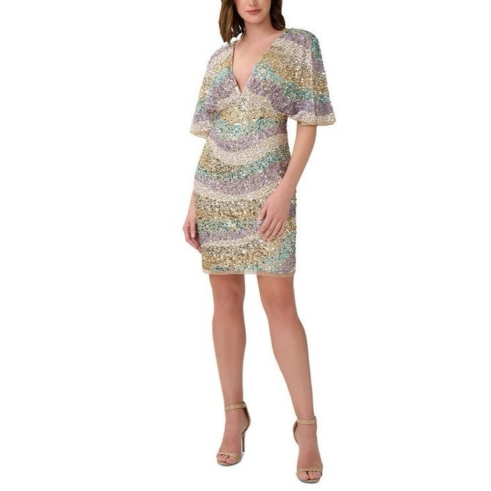 Aidan Mattox Sequin Dress 14 Blue Green Short Sleeve Party Wedding Cruise NEW